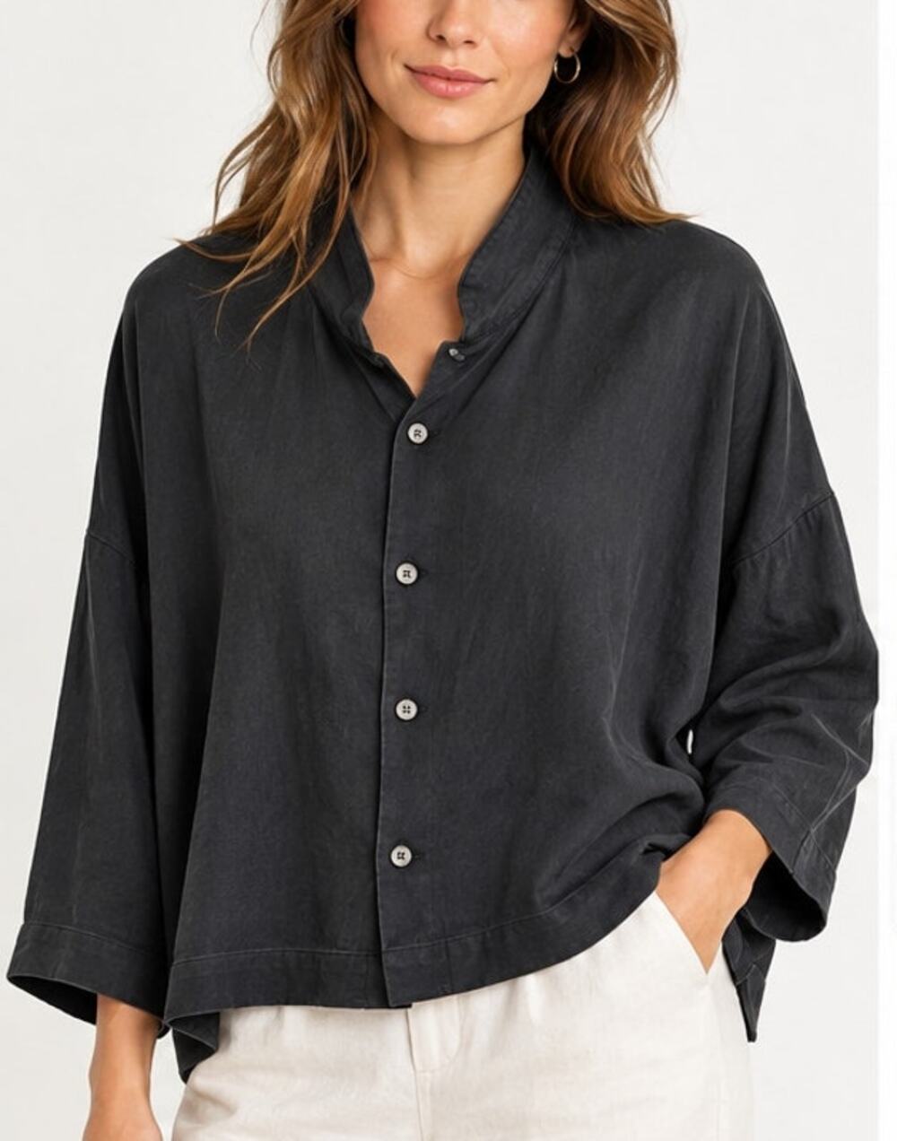 Eskandar Oversized Silk Shirt Black Double Stand Collar Size 1